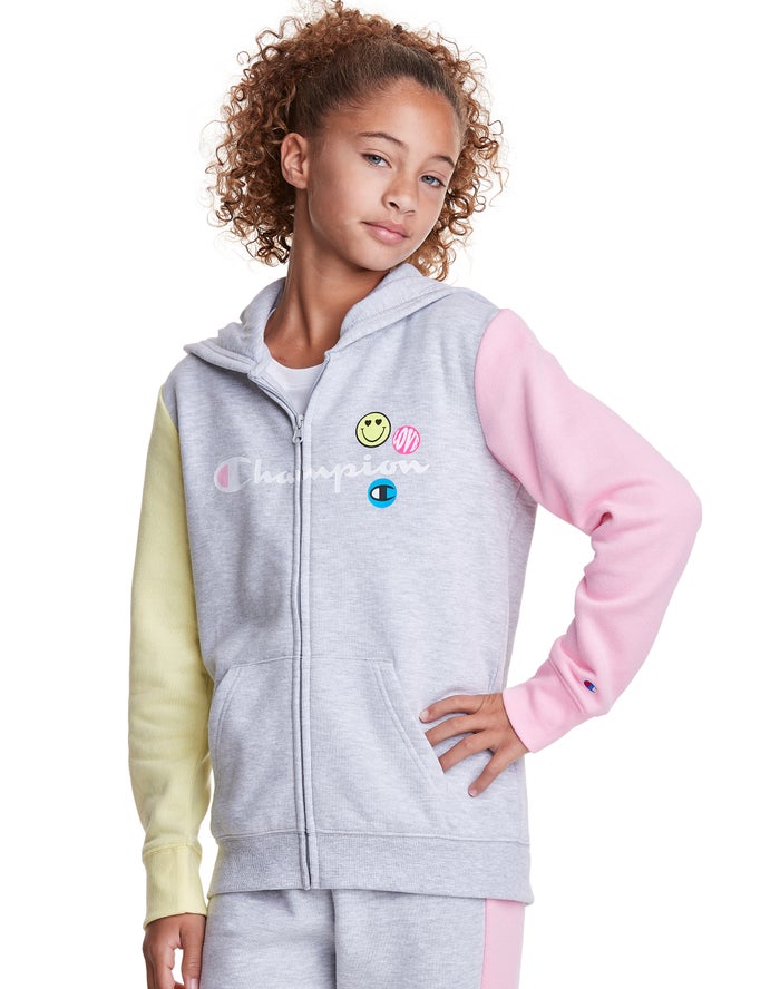 Champion Colorblock Fleece Full Zip Smiley Face Hoodie Meisjes - Grijs/Blauw/Roze - Belgie 5396ERYWV